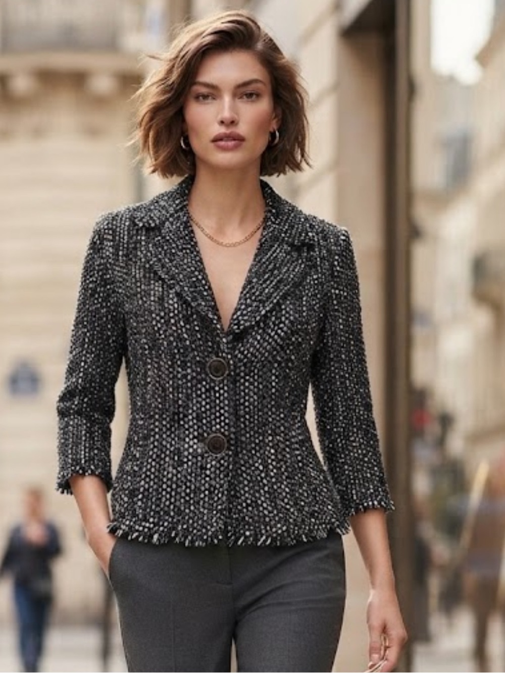 CAbi Bouclé Textured Tweed Fringe Trim Blazer